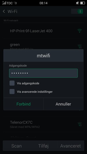 Indtast Wi-Fi adgangskoden og vælg Forbind