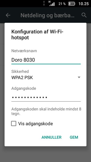 Indtast en Wi-Fi-hotspot adgangskode på minimum 8 tegn og vælg GEM