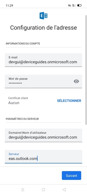 Saisissez votre Nom d'utilisateur et l'adresse du serveur Exchange. Sélectionnez Suivant