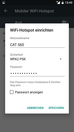 Geben Sie eine WLAN-Hotspot-Passwort mit mindestens 8 Zeichen ein und wählen Sie SPEICHERN