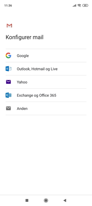 Vælg Exchange og Office 365