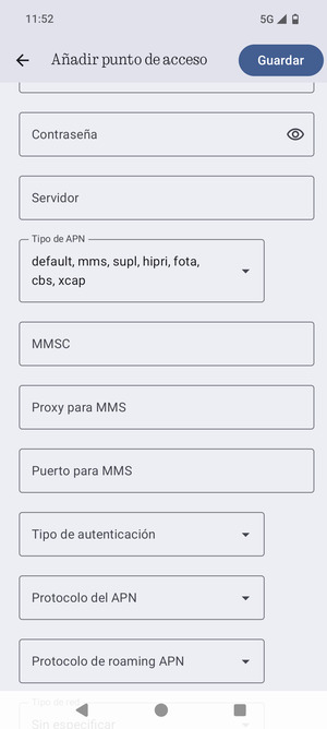 Desplácese y seleccione Tipo de APN