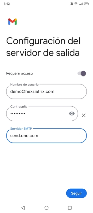 Introduzca la dirección de servidor saliente y seleccione Seguir