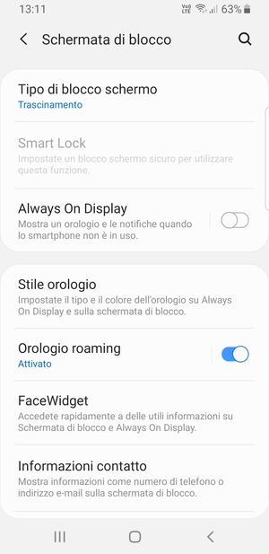 Seleziona Tipo di blocco schermo