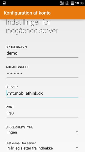 Indtast Brugernavn og Indgående serveradresse