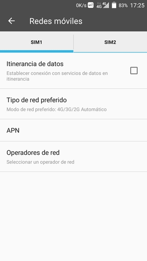 Seleccione SIM1 o SIM2 y seleccione APN