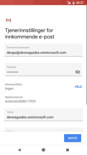 Skriv inn Brukernavn og Exchange serveradresse. Velg NESTE