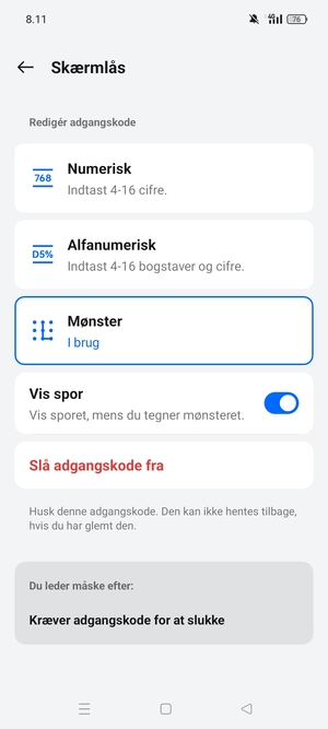 Din telefon er nu sikret med en skærmlås