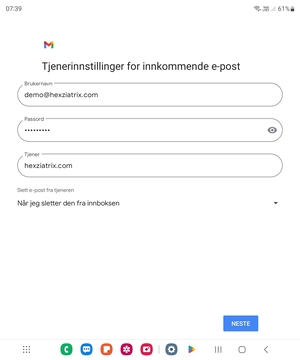 Skriv inn Brukernavn og innkommende serveradresse. Velg NESTE