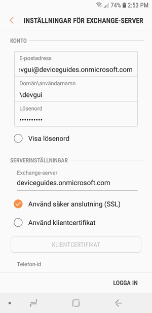 Ange Användarnamn och Exchange serveradress. Välj LOGGA IN