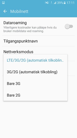 Velg ønsket alternativ