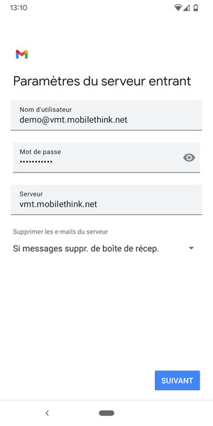 Saisissez votre Nom d'utilisateur et l'adresse du serveur entrant. Sélectionnez SUIVANT