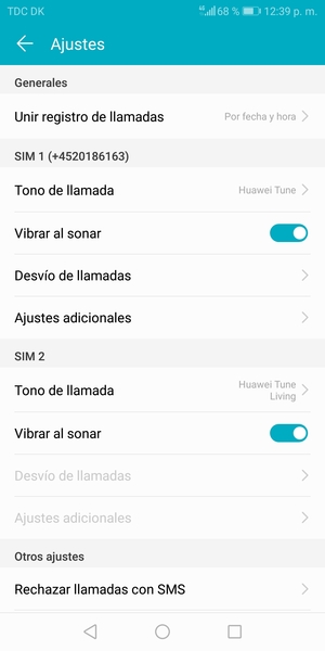 Desplácese a SIM 1 o SIM 2 y seleccione Ajustes adicionales