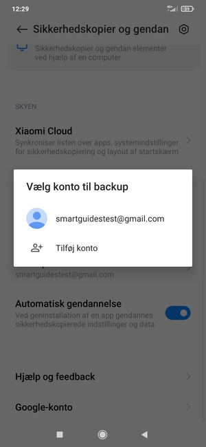 Vælg din sikkerhedskopi-konto
