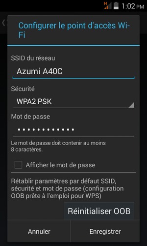 Saisissez un mot de passe de hotspot Wi-Fi d'au moins 8 caractères et sélectionnez Enregistrer