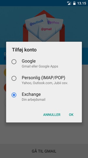 Vælg Exchange og OK