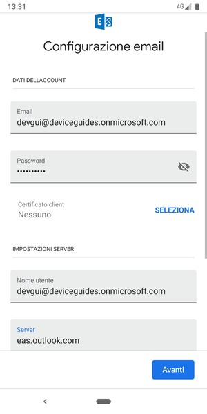 Inserisci Nome utente e l'indirizzo del server Exchange. Seleziona Avanti