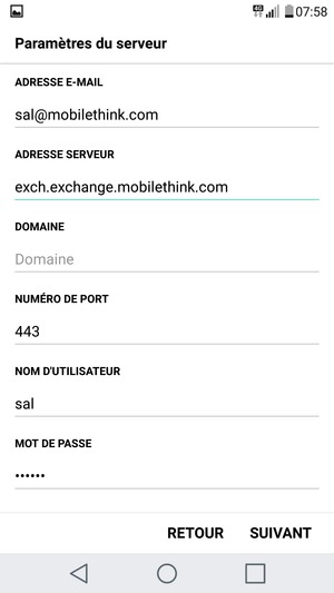 Saisissez l'adresse du serveur Exchange et le Nom d'utilisateur. Sélectionnez SUIVANT