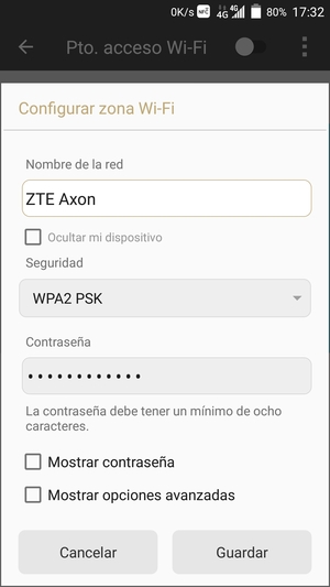 Introduzca una contraseña de punto de acceso Wi-Fi de al menos 8 caracteres y seleccione Guardar