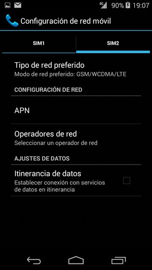 Seleccione SIM1 o SIM2 y seleccione Modo de red / Tipo de red preferido