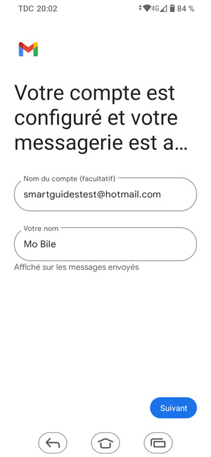 Donnez un nom à votre compte et saisissez votre nom. Sélectionnez Suivant