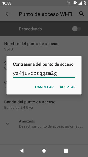 Introduzca una contraseña de punto de acceso Wi-Fi de al menos 8 caracteres y seleccione ACEPTAR