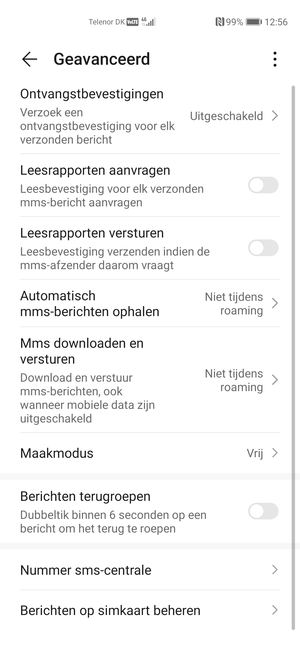 Selecteer Nummer sms-centrale
