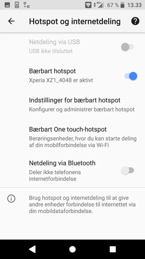 Din telefon er nu sat op til brug som modem