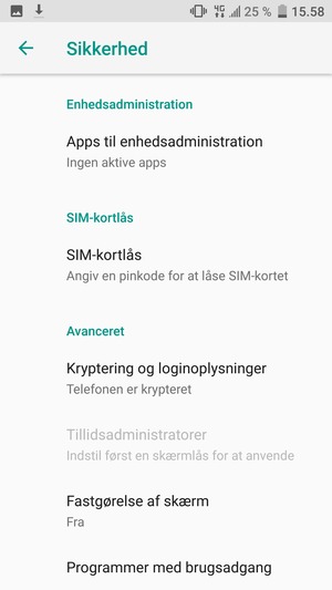 For at ændre PIN-koden til sim-kortet, vend tilbage til menuen Sikkerhed og scroll til og vælg SIM-kortlås