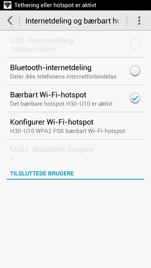Din telefon er nu sat op til brug som modem