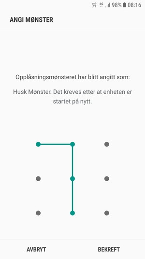 Tegn opplåsingsmønsteret igjen og velg BEKREFT
