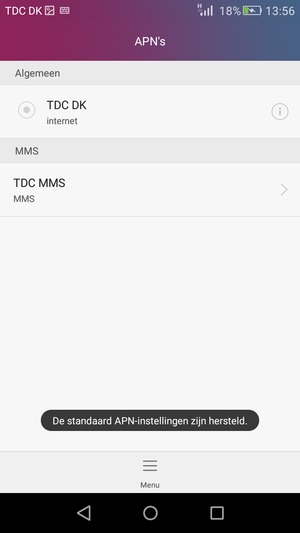 Uw telefoon wordt teruggezet naar standaard internet- en mms-instellingen