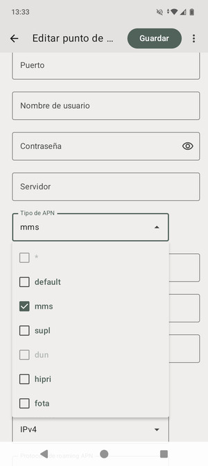 Marque la casilla de verificación mms