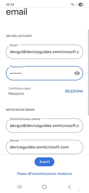 Inserisci Nome utente e l'indirizzo del server Exchange. Seleziona Avanti