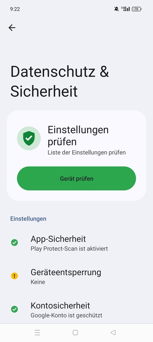 Um Ihre Bildschirmsperre zu aktivieren, gehen Sie zum Datenshutz & Sicherheit Menü und wählen Sie  Geräteentsperrung