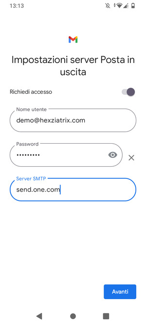 Inserisci l'indirizzo del server di posta in uscita e seleziona Avanti