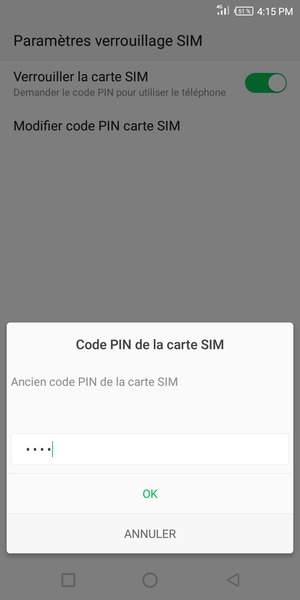 Saisissez votre Ancien code PIN de la carte SIM et sélectionnez OK