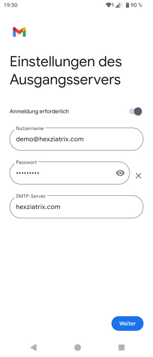 Geben Sie die Server-Adresse für ausgehende Post ein und wählen Sie Weiter