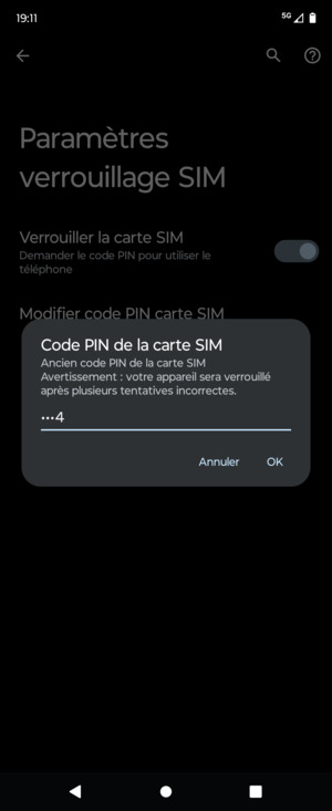 Saisissez votre Ancien code PIN de la carte SIM et sélectionnez OK