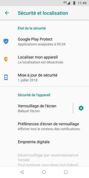 Pour activer votre écran de verrouillage, allez dans le menu Sécurité et localisation et sélectionnez Verrouillage de l'écran