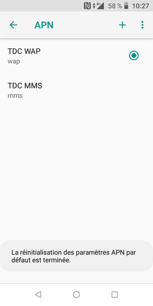 Votre téléphone va être réinitialisé avec les paramètres Internet et MMS par défaut