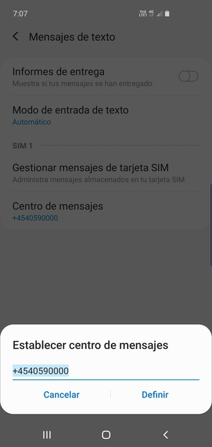 Introduzca el número de Centro de mensajes y seleccione Definir