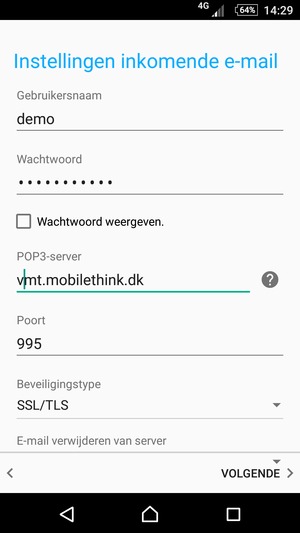 Voer Gebruikersnaam en binnenkomend serveradres in