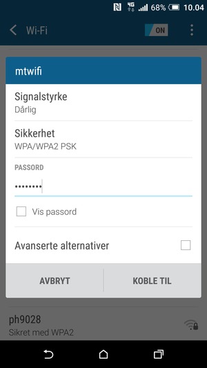 Skriv inn Wi-Fi-passord og velg KOBLE TIL
