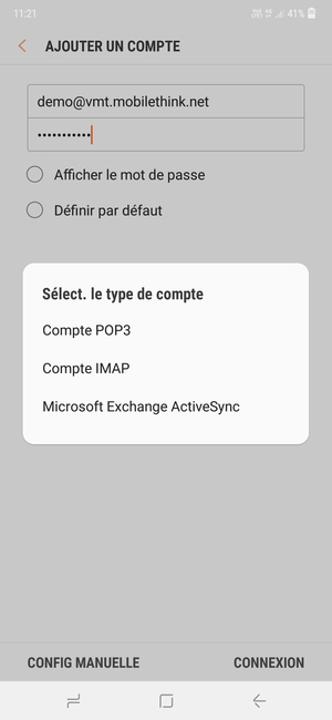 Sélectionnez Compte POP3 ou Compte IMAP
