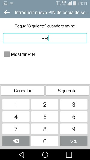 Introduzca un PIN de copia de seguridad y seleccione Siguiente