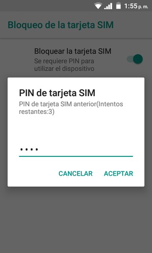 Introduzca su PIN de tarjeta SIM anterior y seleccione ACEPTAR
