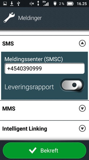Skriv inn Meldingssenter (SMSC) nummer og velg Bekreft