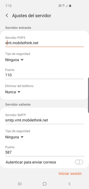 Desactive Autenticar para enviar correos y seleccione Iniciar sesión