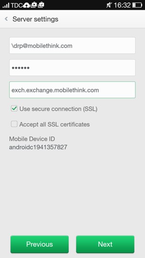 Enter Username and Exchange server address. Select Next